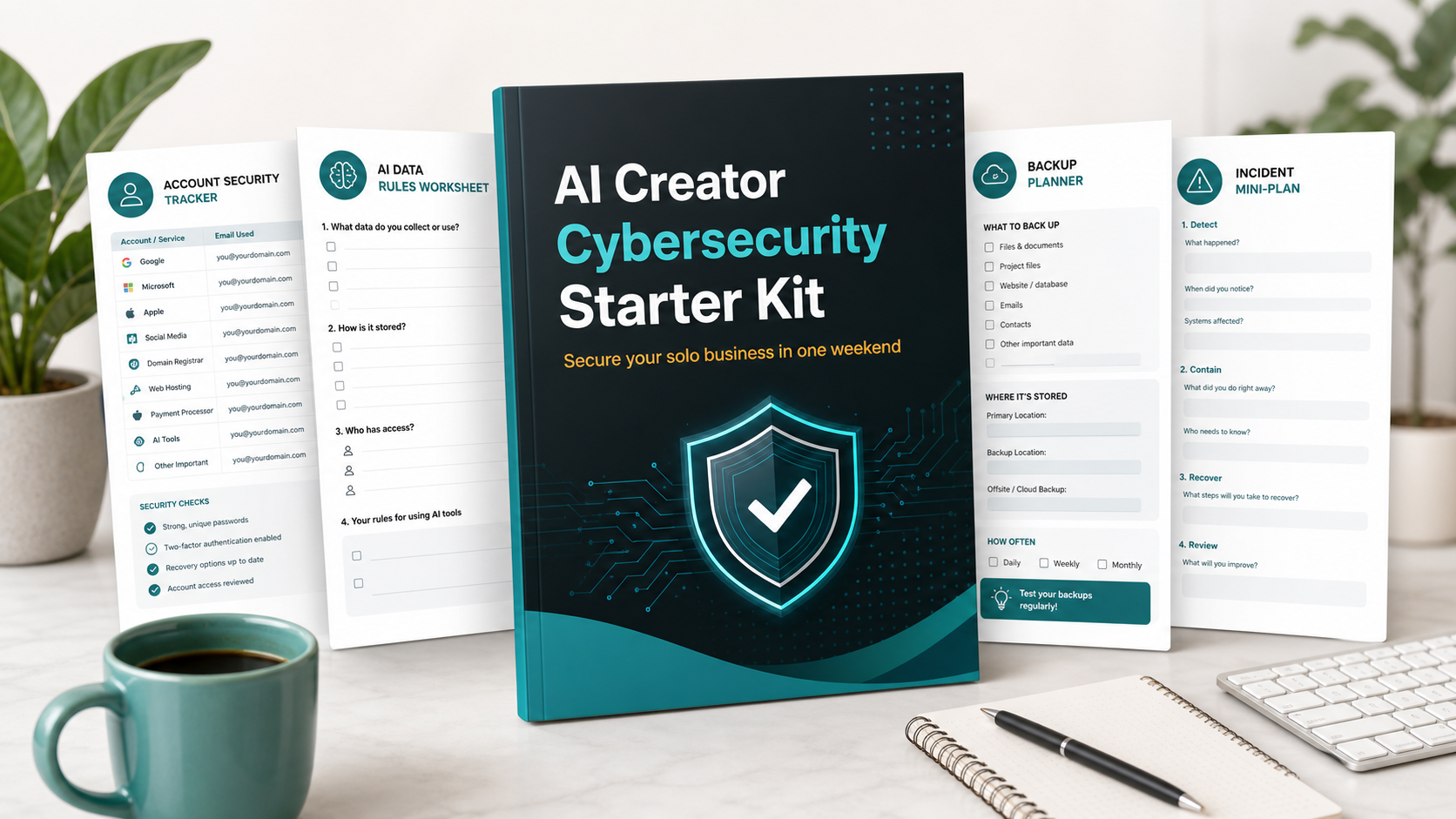 AI Creator Cybersecurity Starter Kit templates and planners for account security, AI data rules, backups, and incident response.